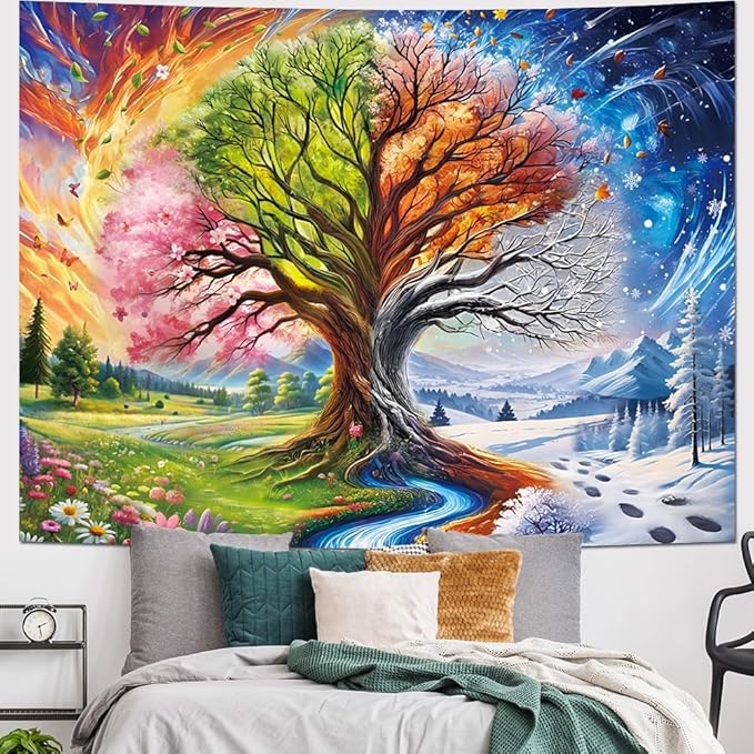 Dermijer Colorful Tree of Life Tapestry Four Seasons Trees Tapestrie Spring Flower Green Summer Autumn Leaves Winter Snowflake Magical Natural Landscape Wall Hanging for Home Decor L78.7×W59.1