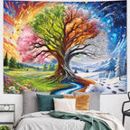 Dermijer Colorful Tree of Life Tapestry Four Seasons Trees Tapestrie Spring Flower Green Summer Autumn Leaves Winter Snowflake Magical Natural Landscape Wall Hanging for Home Decor L78.7×W59.1