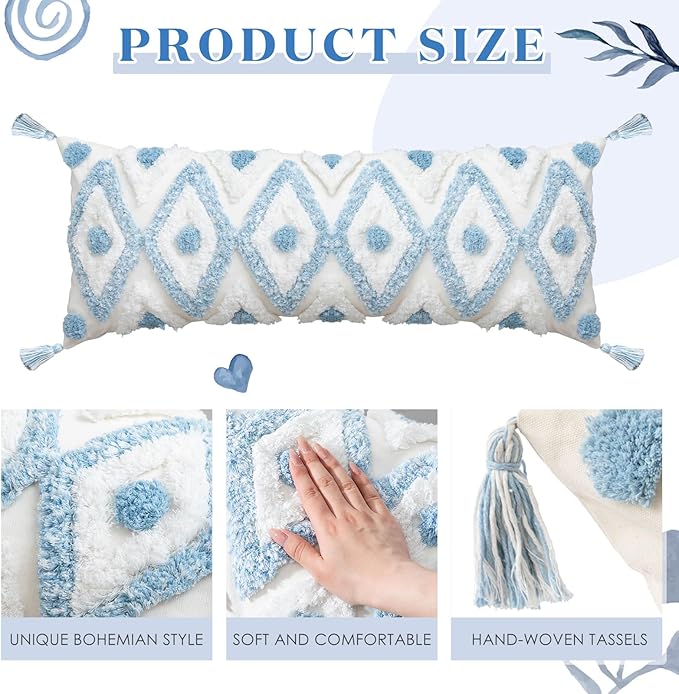 Decorative Lumbar Pillow Cover 14x36 Inch Coastal Blue and White Tufted Boho Throw Pillowcase Long Rectangle Accent Pillow Cover with Tassels for Couch Sofa Bed Farmhouse Body Cushion