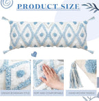 Decorative Lumbar Pillow Cover 14x36 Inch Coastal Blue and White Tufted Boho Throw Pillowcase Long Rectangle Accent Pillow Cover with Tassels for Couch Sofa Bed Farmhouse Body Cushion