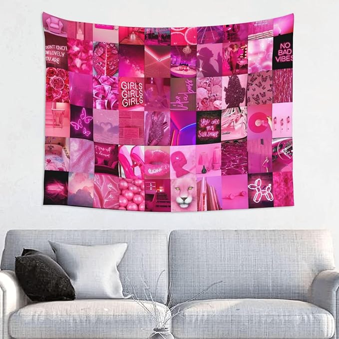 Ochori Neon Pink Aesthetic Collage Tapestry 29x37 In Aesthetic Wall Hanging Decorative Tapestries Cute Preppy Banner For Teen Girl Bedroom College Dorm Home Living Room Party Decor