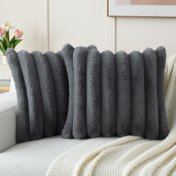 FUTEI Dark Grey Decorative Throw Pillow Covers 20x20 Inch Set of 2, Square Soft Faux Rabbit Fur Big Striped Cushion Cover,Home Decor for Couch Sofa Bed Living Room