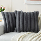 FUTEI Dark Grey Decorative Throw Pillow Covers 26x26 Inch Set of 2, Square Soft Faux Rabbit Fur Big Striped Cushion Cover,Home Decor for Couch Sofa Bed Living Room