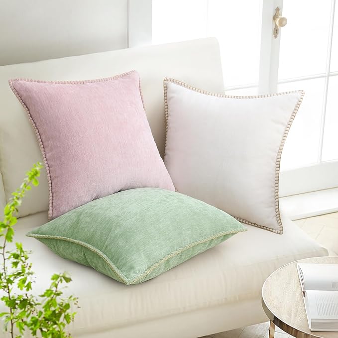 decorUhome Summer Chenille Soft Cozy Throw Pillow Covers 16x16 Set of 2, Modern Farmhouse Boho Velvet Decorative Pillow Cases with Stitched Edge for Couch Sofa Bed Home Decor, Cream White