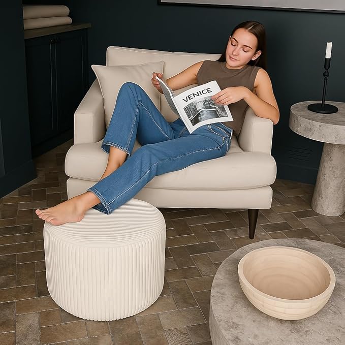 Round Pouf Ottoman and Foot Rest, Soft Corduroy Poufs with Foam Filling, Comfort Sponge Stuffed Poofs for Couch Desk Resting Your Feet, White