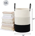 VIPOSCO Large Laundry Hamper, Tall Woven Rope Storage Basket for Blanket, Toys, Dirty Clothes in Living Room, Bathroom, Bedroom - 72L White & Black