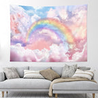 HVEST Rainbow Cloud Tapestry, Polyester Wall Art, Rainbow and Pink Cloud with Glow Sunshine in Pastel Sky, Aesthetic Nature Landscape, Bedroom Living Room Decor, 60x40 Inches