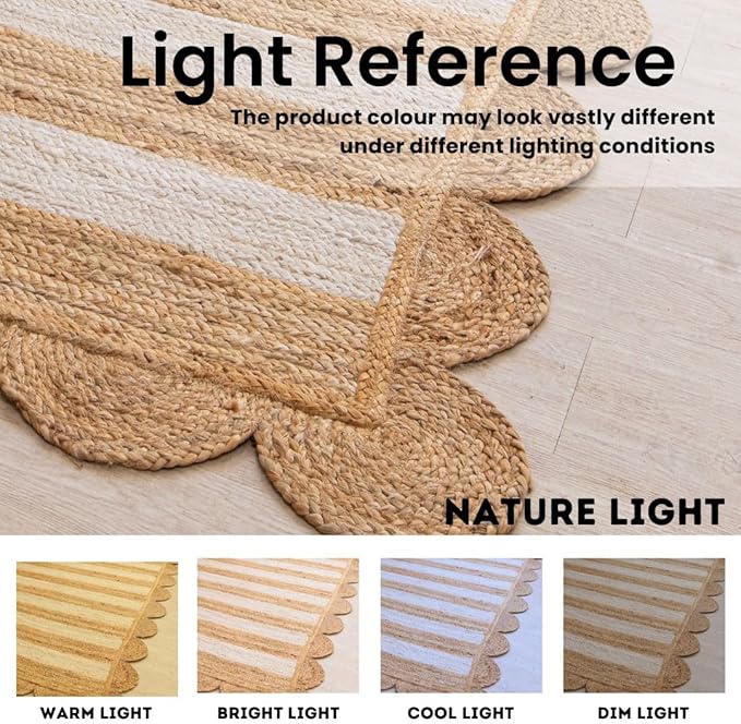 HOMEMONDE Scalloped Jute Area Rug 8'x10' Natural Stripe - Boho Home Décor Farmhouse Style Eco-Friendly Fiber Rug Hand Braided Rustic Vintage for Living Room, Bedroom, Dining Room, Hallway, Kitchen