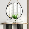 POZINO Round Mirror, 24 Inch Hanging Mirror with Rope, Circle Wall Mirrors, Black Frame Farmhouse Mirrors for Bathroom Bedroom Living Room Entryway Home Decor