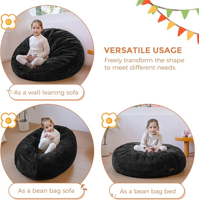 MAXYOYO 3 in 1 Kids Bean Bag Chair Bed, Child Floor Sofa for Gaming, Reading, Faux Fur Floor Mattress with High-Density Foam Filling for Living Room Bedroom