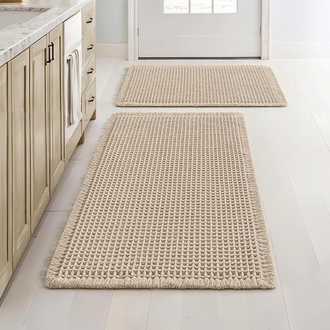 MIULEE Set of 2 Waffle Bathroom Rugs, Boho Bath Rugs Non Slip Washable, Super Absorbent Bath Mats, Ultra Soft Rubber Backed Shower Mats for Bathroom Floor, Tub, Pale Beige, 17"x24"+18"x30"