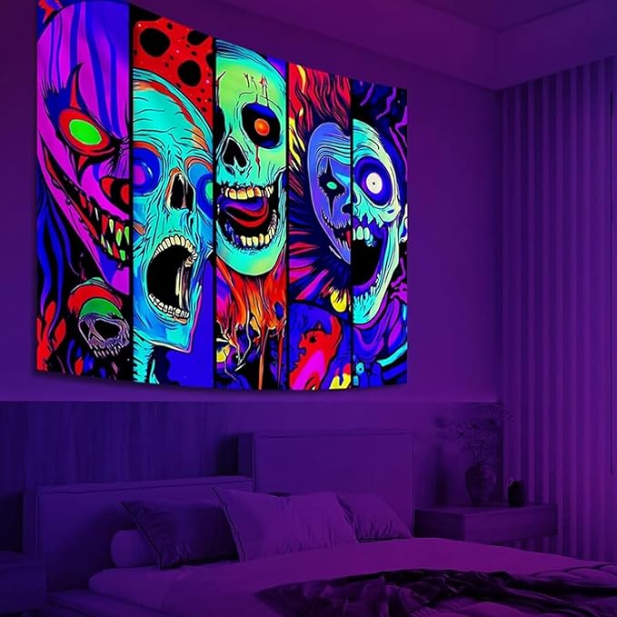Atrippy Blacklight Halloween Horror Wall Decor Tapestry for Bedroom, UV Reactive Skull Skeleton Tapestries, Black Light Gothic Face Neon Aesthetic Wall Hanging for Dorm Living Room 36x48 Inches