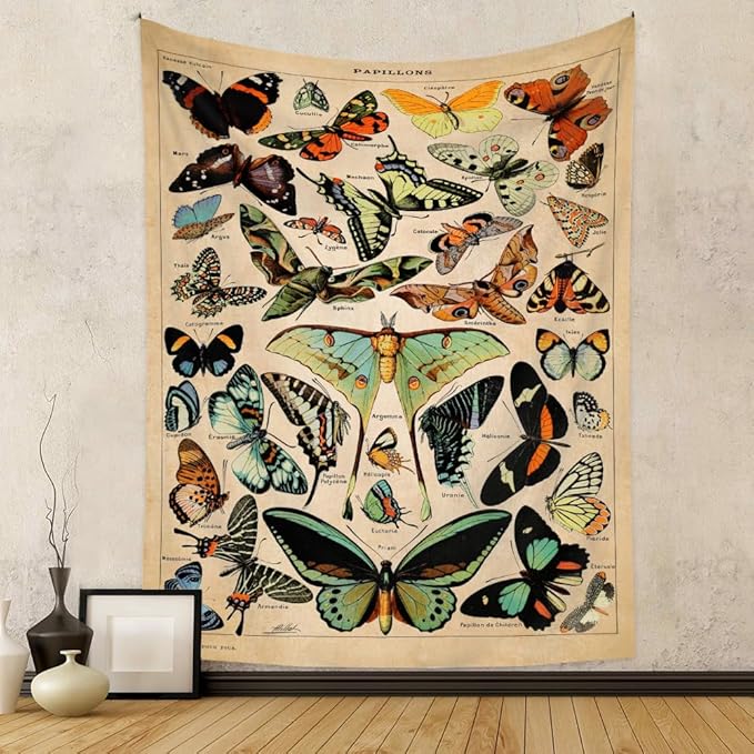 Vintage Butterfly Tapestry 48” x 36”, Long Vertical Wall Hanging Reference Illustrative Papillons Tapestries for Bedroom Aesthetic Butterfly Tapistry Cute Vertical Tapestry Wall Hanging Bedroom Decor
