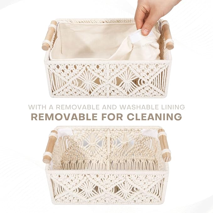 ANMINY 5PCS Macrame Storage Baskets for Organizing Boho Decor Baskets Storage Bins with Wood Handles Handmade Decorative Storage Boxes with Removable Liner Toilet Tank Bathroom Self Basket Organizer