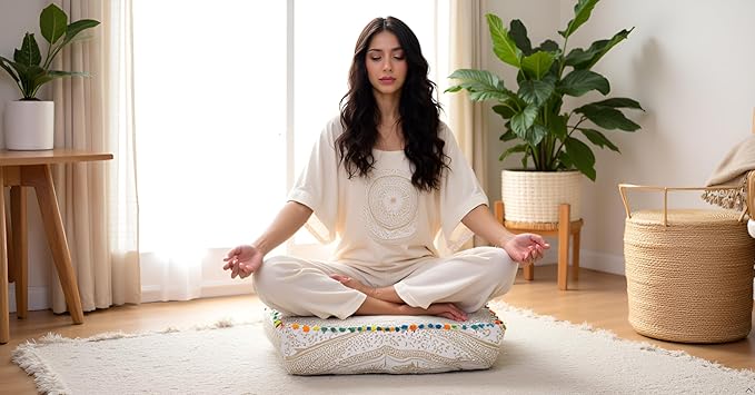 CRAFT KALA Gold Large Hippie Mandala Meditation Floor Ottoman Pillow Cushion Pouf Cover Square Poufs Bohemian Circle Floor Cushion Case Outdoor Fireplace Yoga Living Room Decor Cover 24" Square