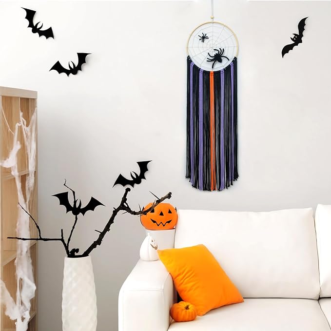 EOBTAIN Halloween Macrame Wall Hanging,Spider Web Dream Catchers,Black Purple and Orange Tassels Pure Cotton Cord Textile Wall Art,Halloween Decorative Woven Tapestry for Home Decor,9.8x32.8 Inch
