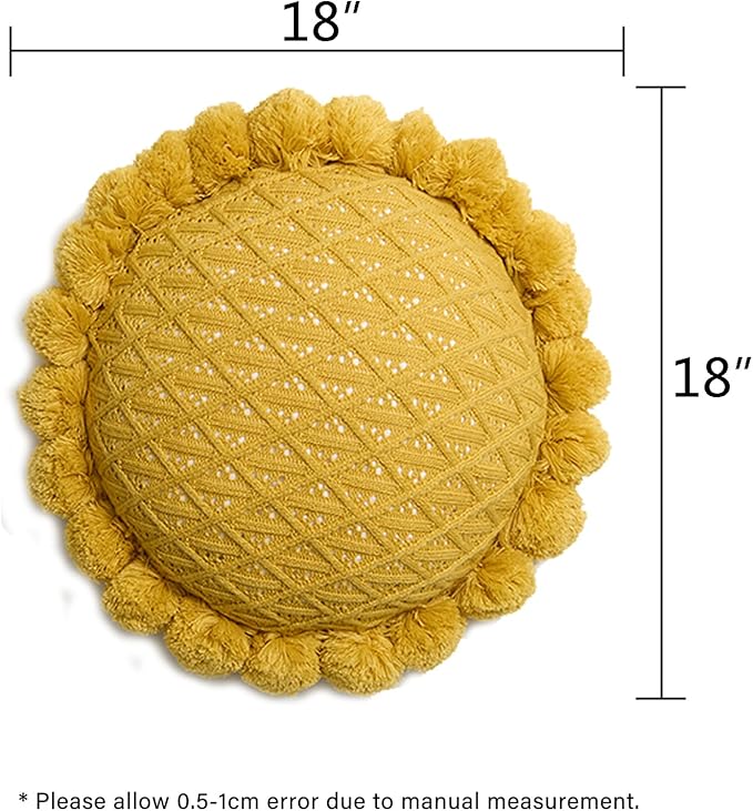 Acrylic Knitted Round Throw Pillow Knitting Bohemian Circular Cushion Pillow with Knit Handmade Pompoms Decorative Ginger Yellow, Diameter 18inches