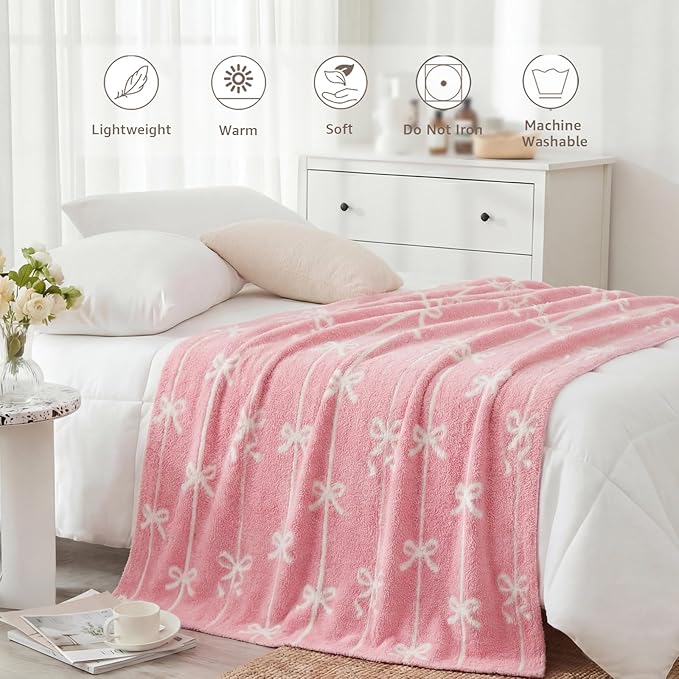 WRENSONGE Throw Blanket Vertical Stripes Bowknot Pink Soft Cozy Fluffy Warm Throw for Couch Sofa Bed Camping Picnic Travel Lightweight - 50"*60"
