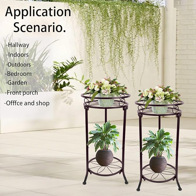 THKFUL 2 Pack Metal Plant Stand Indoor Outdoor - Heavy Duty Rustproof Tall Potted Plant Stands Modern Flower Pot Stand,Corner Flower Plants Holder Rack for Multiple Plant Patio Garden 20.3"(Brown)