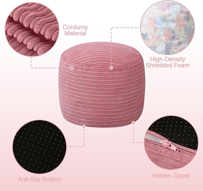 MeMoreCool Stuffed Round Pouf Ottoman Foot Rest, Soft Plush Floor Pouf Foot Stool, Corduray Footstool Footrest, Small Round Ottoman for Living Room Couch Sofa Chair, 20x15 Inch Pink