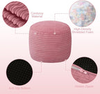 MeMoreCool Stuffed Round Pouf Ottoman Foot Rest, Soft Plush Floor Pouf Foot Stool, Corduray Footstool Footrest, Small Round Ottoman for Living Room Couch Sofa Chair, 20x15 Inch Pink