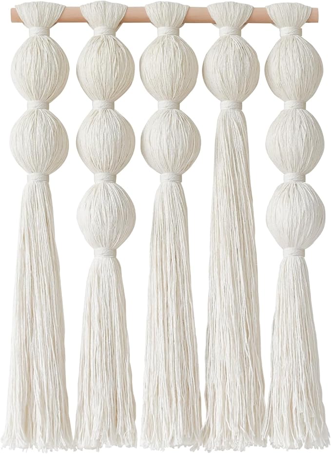 Macrame Wall Hanging Boho Wall Decor with Cotton Ball Tassels Handmade Fiber Wall Art for Living Room Bedroom