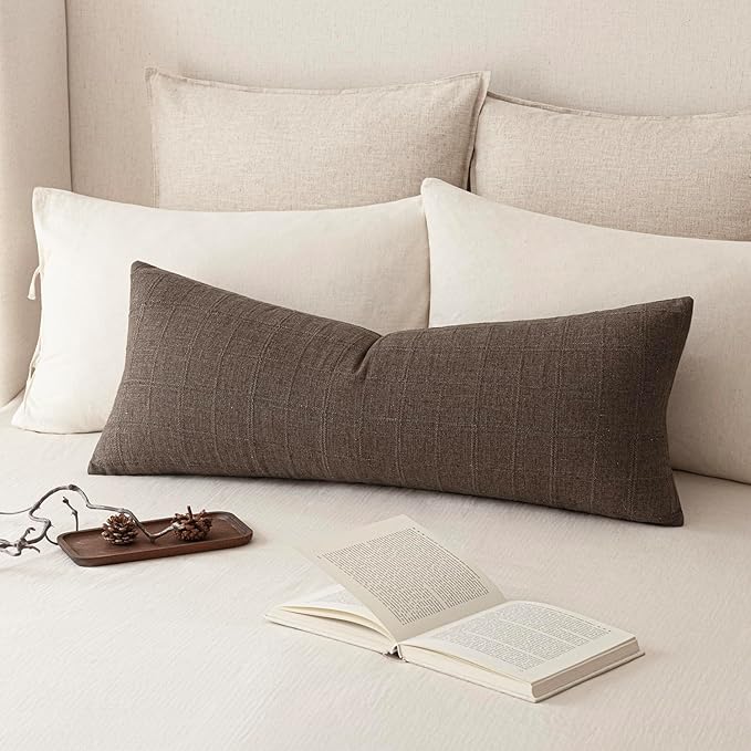 Foindtower Set of 2 Decorative Linen Check Throw Pillow Covers Neutral Farmhouse Vintage Cushion Covers Cozy Modern Boho Home Decor for Sofa Chair Couch Bedroom Living Room,14×36 Inch,Dark Brown