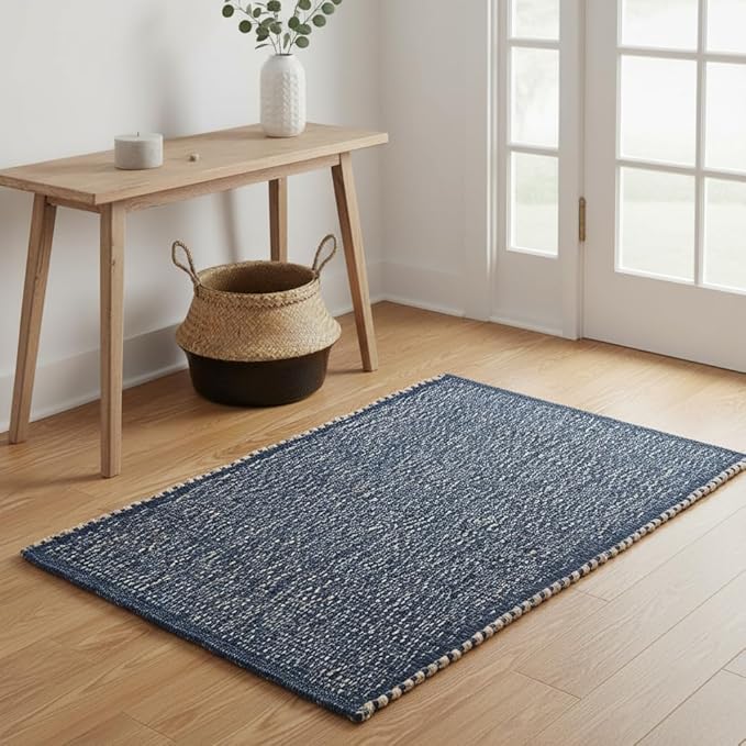 Navy 20X30 Jute Rug Braided Construction - Farmhouse Woven Carpet - Nautical Floor Covering for Entryway or Kitchen, 20" x 30"