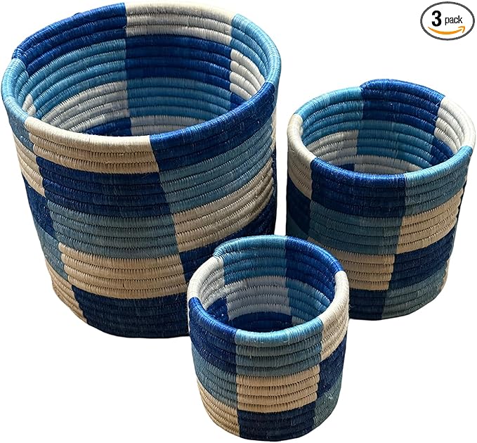 African Planter Baskets Sets of 3 Woven Sisal Baskets for Indoor Plant Pots Covers Home Decor Storage Organizer Gifts Zen Designs Arts and Crafts (Teal Blue and Natural)