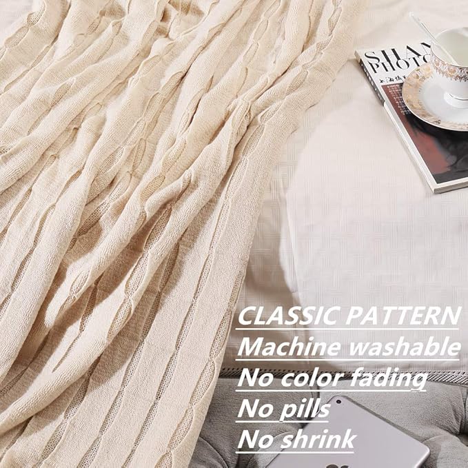 CREVENT Home Decor Rustic Couch Sofa Chair Bed Throw Blanket, Soft Warm Cozy Light Weight for Travelling, Giftable for Christmas(50''X60'' Beige/Ivory)