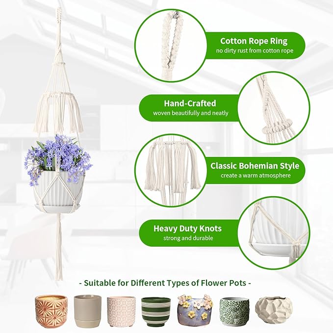 Macrame Plant Hangers 5Pack, Handmade Cotton Rope Hanging Planters for Indoor Plants w/ 5 Set Hooks Hanging Plant Holders Plant Hanger Indoor for Boho Home Decor (Ivory, Planter Pot Not Included)