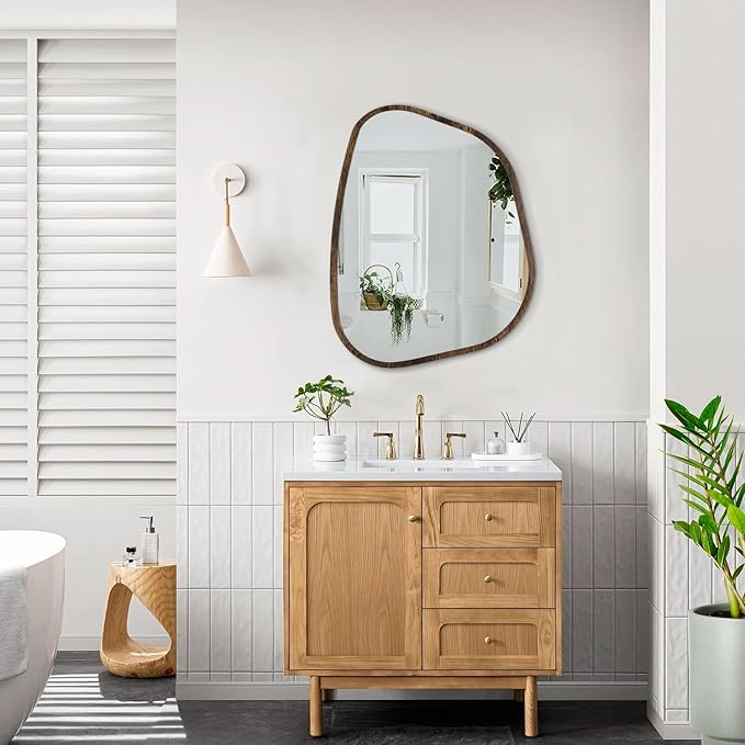 Asymmetrical Mirror Irregular Oval Wall Mirror Modern Wood Frame Unique Shape Wall Mounted Vanity Artistic Mirror Decorative for Living Room Bedroom Bathroom Entryway Hallway 20"x16"