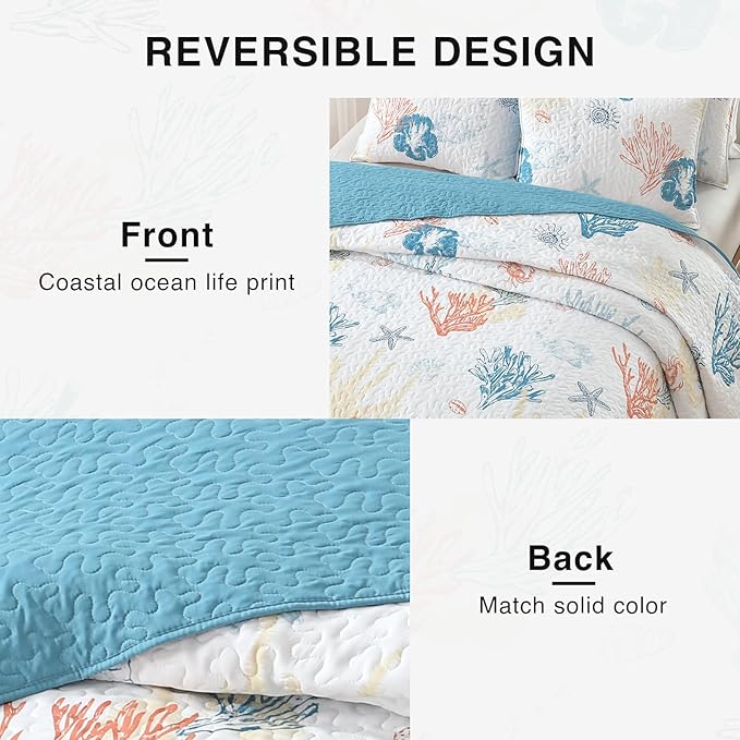 HORIMOTE HOME Coastal Quilt Bedding Set Queen Size, Reversible Summer Beach Quilt Lightweight Ocean Nautical Comforter Tropical Bedspread Coverlet with 2 Pillow Shams for All Seasons (90"x96")