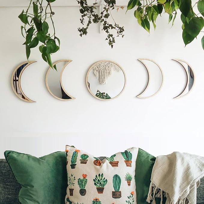 MAXROCK Moon Phase Mirror Set, 5 Piece Scandinavian Natural Decor Wall Decorative Home Decor Bohemian Moon Mirror for Living Room Bedroom, Acrylic Mirror, Not Real Mirror