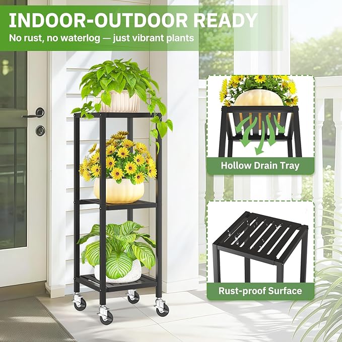 KMOTASUO 3 Tier Black Tall Plant Stand with Wheel for Indoor Outdoor, Heavy Duty Metal Multiple Large Planter Rack for Narrow Corner, Sturdy Iron Vertical Flower Holder for Modern House Patio Bathroom