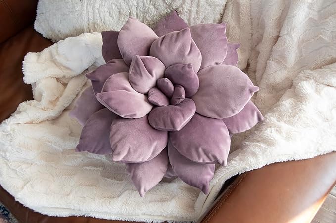 3D 17" Purple Cactus Flower Pillow | Hand-Stitched Flower Pillow for Bedroom, Living Room, and Nursery | Cozy Decorative Leaf Throw Pillow
