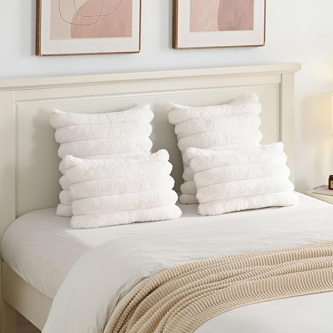 FUTEI Cream White Decorative Throw Pillow Covers 24x24 Inch Set of 2, Square Soft Faux Rabbit Fur Thick Striped European Cushion Covers,Spring Home Decor for Couch Bed Living Room