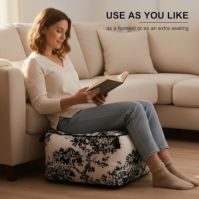 Square Pouf Ottoman Foot Stool with Tassels - Soft Chenille for Living Room & Office - Foot Rest, Home Decor & Removable Cover - Modern Black White Tree Design - 19.7" x 11.8"