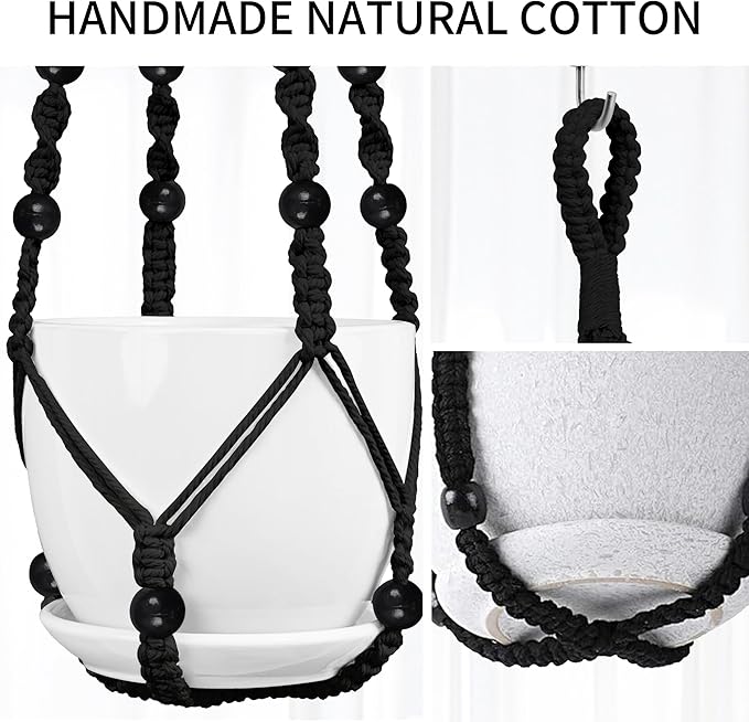 Macrame Plant Hanger - Fits 4 to 13 inches Pots for Indoor Outdoor, 35"/29"/23" Different Sizes Set, Black (POTS NOT Included)