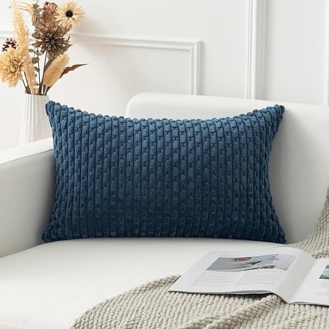 Kevin Textile 14x20 Inch Pillow Cover 1 Pack Boho Decorative Soft Striped Corduroy Lumbar Farmhouse Solid Color Accent Rectangle Cushion Case for Living Room Couch Sofa Bed, Blue