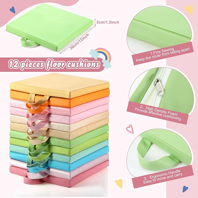 Sawysine 12 Pcs Floor Cushions Classroom Flexible Floor Seating with Handle for Kids in Home School Classroom Kindergarten Daycare Nursery (Pastel Color,Square)