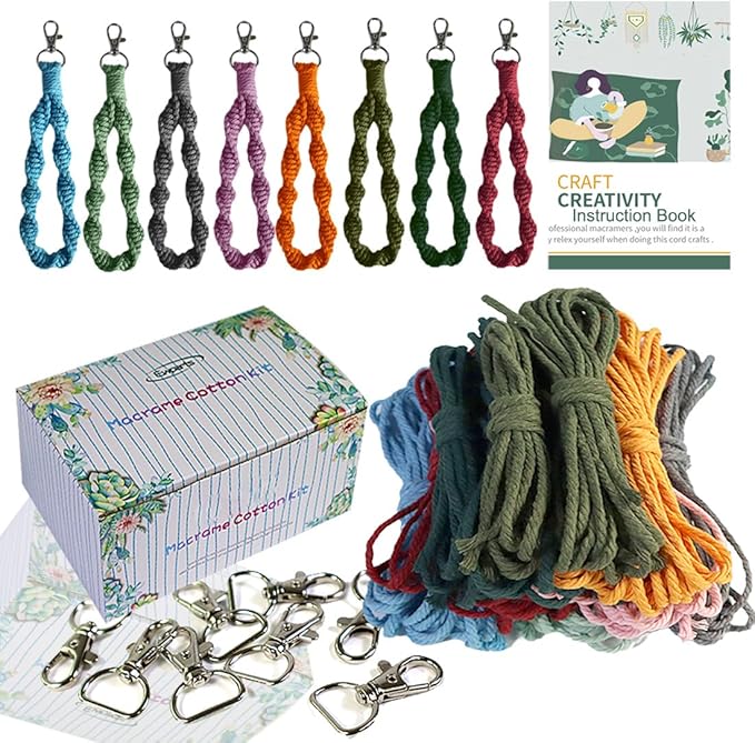 Ewparts Macrame Keychain Kit for Beginner Boho Adult Craft DIY Kits with Precut Macrame Cord 3mm with Instruction Tutorials to Make 8 Macrame Keychains Lanyards for Kids Women Starters DIY Crafts Kit