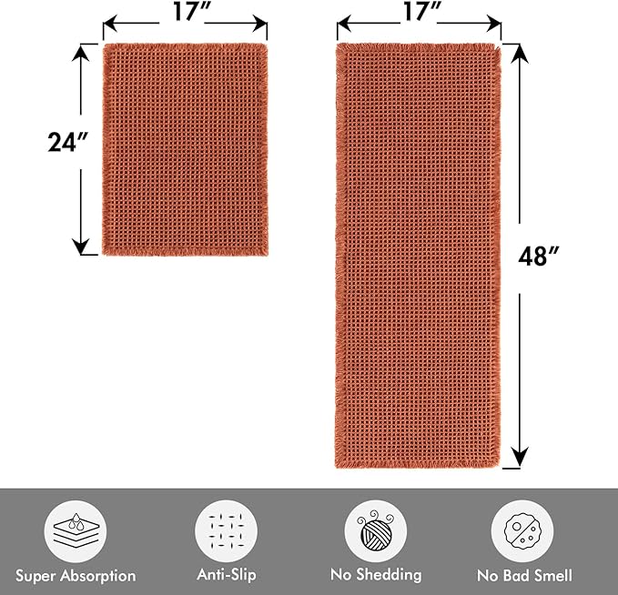 MIULEE Orange Set of 2 Waffle Bathroom Rugs, Boho Bath Rugs Non Slip Washable, Super Absorbent Bath Mats, Ultra Soft Rubber Backed Shower Mats for Bathroom Floor, Tub, 17"x24"+17"x48"