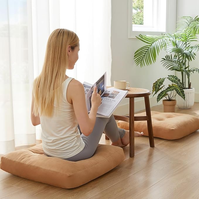 Meditation Floor Pillow Set of 4, Square Large Pillows Seating for Adults, Meditation Cushion Pillow,Tufted Corduroy Cushion for Tatami Living Room or Yoga, Coffee, 22x22 Inch