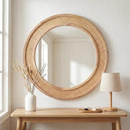 24" Round Rattan Mirror, Circle Wall Mirror, Farmhouse Wooden Vanity Mirror with Handmade Wicker Frame, Decorative Boho Mirror for Nursery Bedroom Living Room Entryway Nature