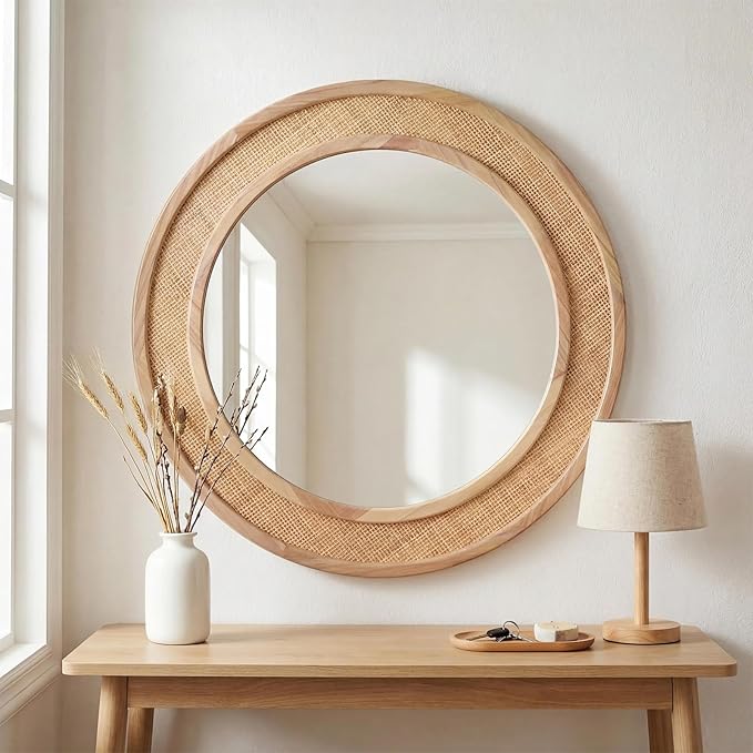 24" Round Rattan Mirror, Circle Wall Mirror, Farmhouse Wooden Vanity Mirror with Handmade Wicker Frame, Decorative Boho Mirror for Nursery Bedroom Living Room Entryway Nature