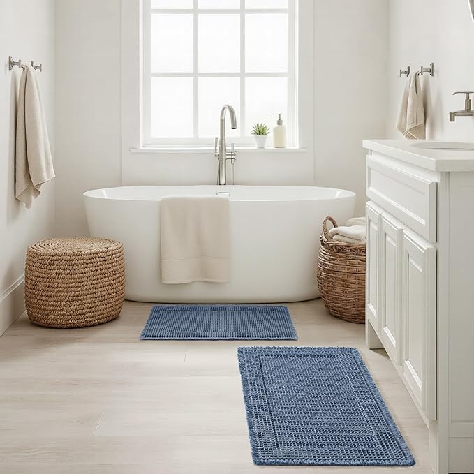 MIULEE Set of 2 Waffle Bathroom Rugs, Boho Bath Rug Super Absorbent, Non Slip Washable Ultra Soft Rubber Backed Shower Bath Mats for Floor, Tub, Shower, Bordered Design, Blue, 17"x24"+18"x30"