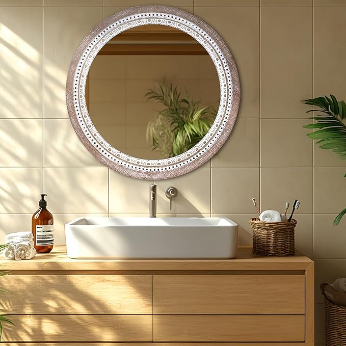 30" Wooden Round Mirrors for Wall Decor, Farmhouse Rustic Circle Decorative Mirror with White Wash Beads for Bathroom Over Sink, Bedroom, Living Room, Entryway