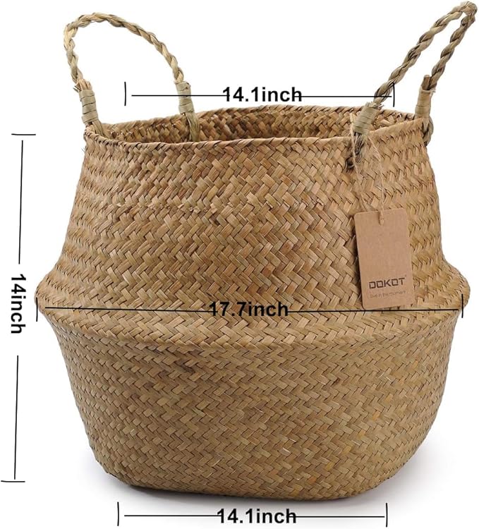 Extra Large Seagrass Plant Basket with Handles, Wicker Woven Storage Basket (14.1“ Diameter x 13.8" Height), Natural)