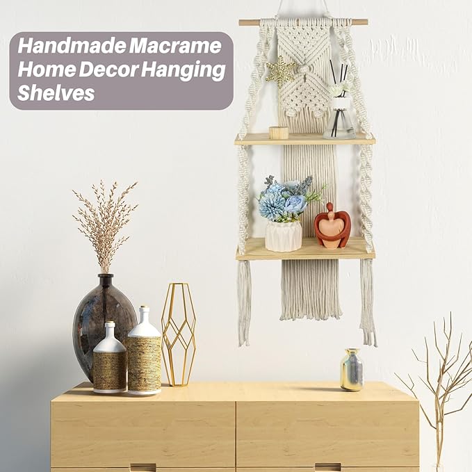 JONKASIPA Macrame Wall Hanging Shelf 2 Tier Boho Wall Plant Hanger Shelves Handmade of Woven Rope Artistic Wall Decorations for Apartments, Dormitories, Living Rooms, Bedrooms, Backdrops